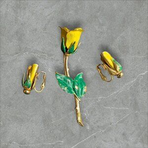 Vintage Yellow Rose Enamel Pin & Clip-On Earrings Set Gold-Toned Floral Jewelry